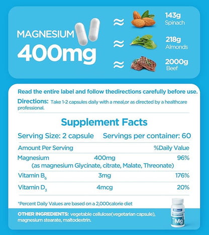 Quadruple Magnesium Supplement, 400mg of Chelate Magnesium Glycinate, L-threonate, Citrate & Malate | Max Absorption Complex w/Vitamin D3 & B6, for Sleep Heart Muscles Nerves, Non-GMO, 120 Vegan Caps