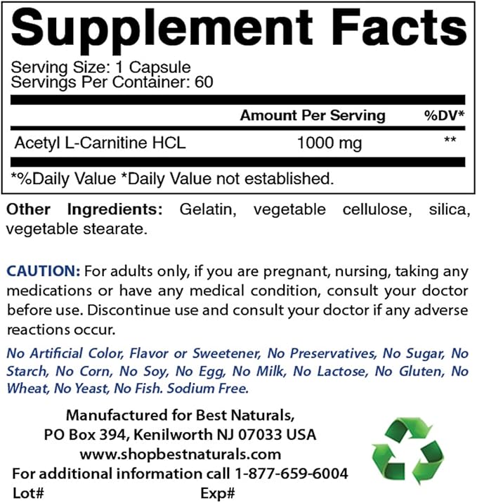 Best Naturals Acetyl L-Carnitine 1000 mg 60 Capsules (60 Count (Pack of 3))