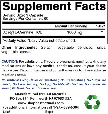 Best Naturals Acetyl L-Carnitine 1000 mg 60 Capsules (60 Count (Pack of 3))