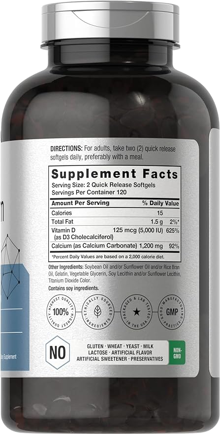 Horbäach Calcium 1200 mg with Vitamin D3 | 240 Softgels | 5000 IU Vitamin D3 | Absorbable Calcium Supplement | Non-GMO, Gluten Free Calcium Supplement