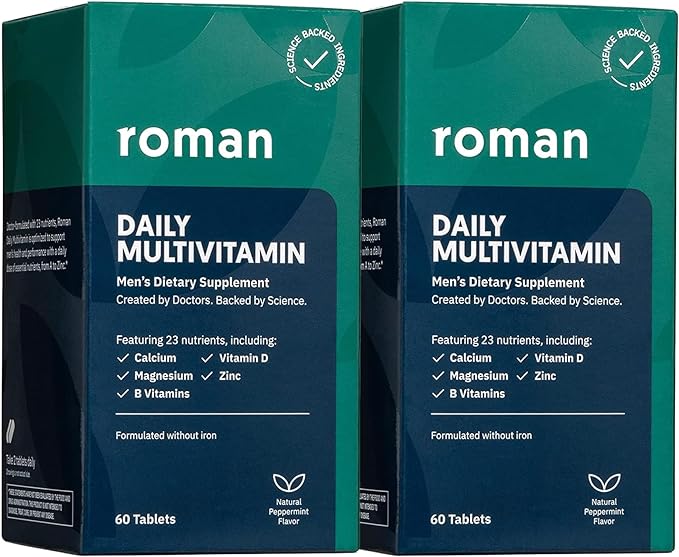 ROMAN Daily Multivitamin for Men | Supports Physical Activity, Brain + Heart Health, and Immune System with 23 Key Nutrients Including Calcium, Magnesium, and Zinc | 60-Day Supply (120 Tablets)