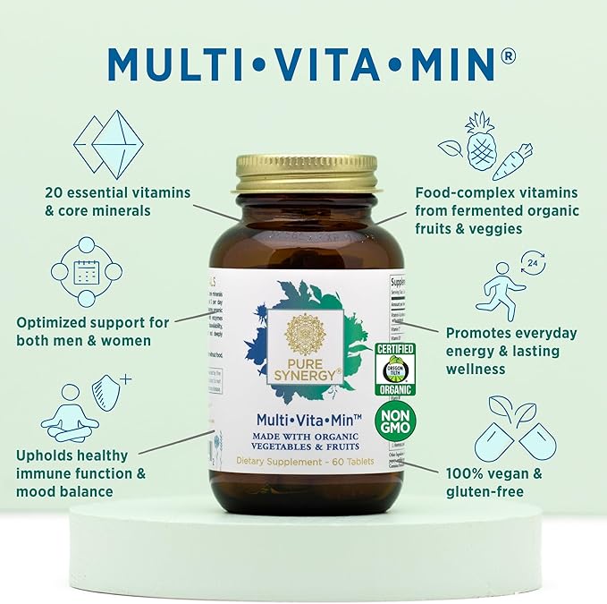 PURE SYNERGY Multi·Vita·Min | Vegan Multivitamin Made with Organic Whole Foods | Twice Daily Supplement for Men and Women | Core Nutrients for Energy, Mood, Immune, and Bone Health (60 Tablets)