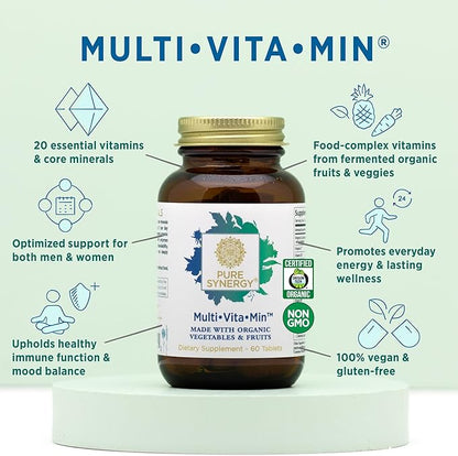 PURE SYNERGY Multi·Vita·Min | Vegan Multivitamin Made with Organic Whole Foods | Twice Daily Supplement for Men and Women | Core Nutrients for Energy, Mood, Immune, and Bone Health (60 Tablets)
