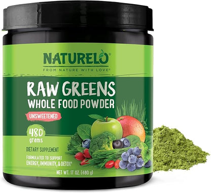 NATURELO Raw Greens Superfood Powder - Unsweetened - Boost Energy, Detox, Enhance Health - Organic Spirulina - Wheat Grass - Whole Food Nutrition from Fruits & Vegetables - 480 Grams