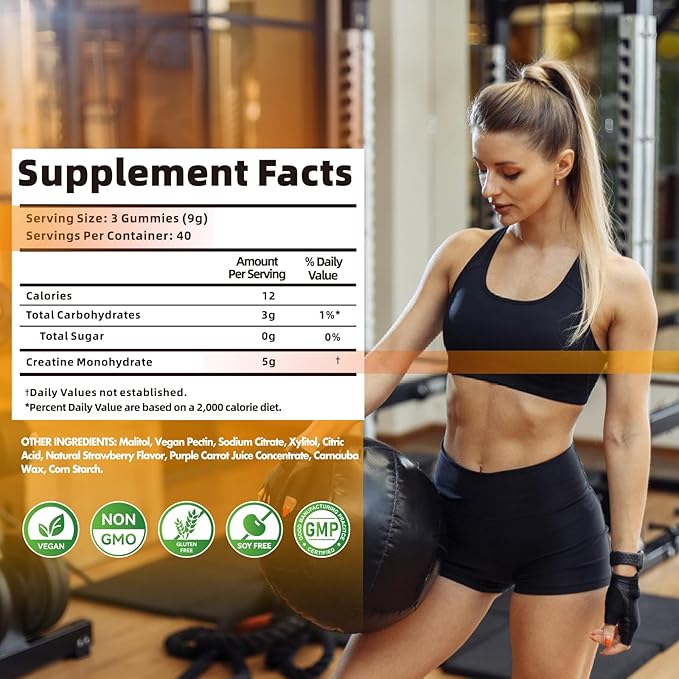 Creatine Monohydrate Gummies for Men & Women-5g of Creatine Monohydrate per Serving - Sugar Free,Vegan,Pineapple Flavor, 120 Count