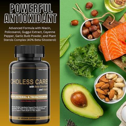 Cholesterol Supplement - Triglycerides Support Capsules w. Organic, Odorless Garlic, Cayenne Pepper, Plant Sterols to Support Normal HDL and LDL Cholesterol Levels w. Antioxidant Niacin (Vitamin B3)