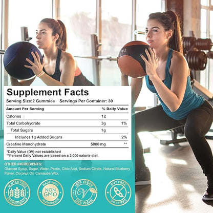 Creatine Monohydrate Gummies for Men & Women, 5000mg Chewables Creatine Supplement for Muscle Growth & Recovery, Promote Energy, Boost Strength, High Absorption, Blueberry Flavor Big Bear Gummies