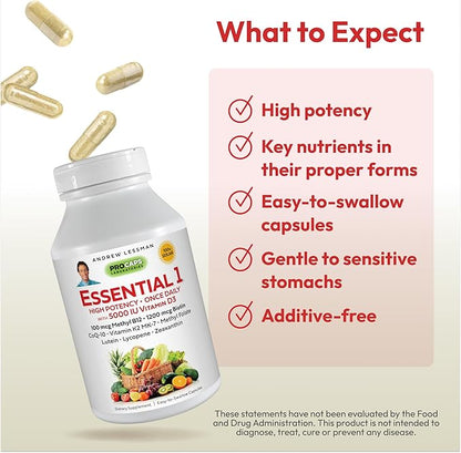 ANDREW LESSMAN Essential-1 Multivitamin 5000 IU Vitamin D3 30 Small Capsules – 100 mcg Methyl B12. CoQ10 Lutein Lycopene Zeaxanthin. High Potency. No Additives. Gentle Ultra-Mild. One Daily Capsule