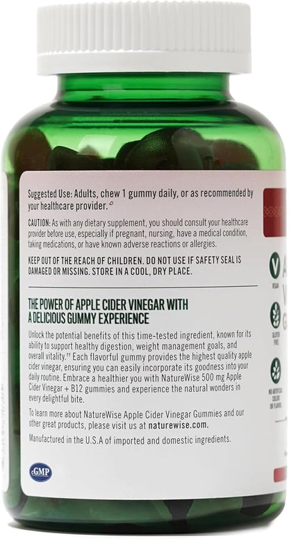 NatureWise Apple Cider Vinegar Gummies - 500mg ACV Gummies with Vitamin B12 - Apple-Pineapple Flavor - Support for Energy & Gut Health - Vegan, Gluten-Free, Non-GMO - 60 Gummies[2-Month Supply]