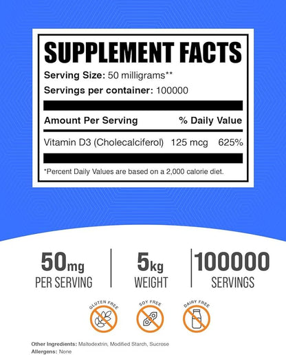 BulkSupplements.com Vitamin D3 Powder - Cholecalciferol, Vitamin D Supplements, Vitamin D3 5000 IU - Gluten Free, 50mg (125mcg of Vitamin D3) per Serving, 5kg (11 lbs) (Pack of 5)
