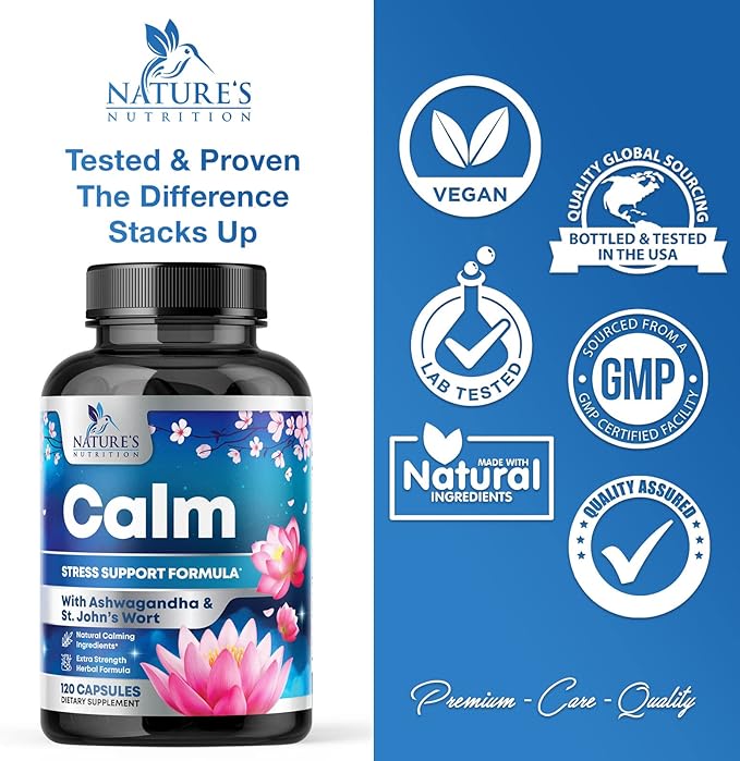 Natural Unwind, Calm, & Relax Support with Ashwagandha, GABA, Magnesium, 5-HTP, L-Theanine & B Vitamins, Natural Focus, Energy & Immune Support - Nature's Non-GMO, Vegan, Gluten Free - 120 Capsules