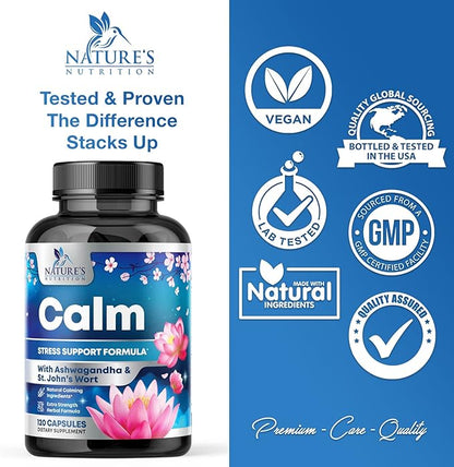 Natural Unwind, Calm, & Relax Support with Ashwagandha, GABA, Magnesium, 5-HTP, L-Theanine & B Vitamins, Natural Focus, Energy & Immune Support - Nature's Non-GMO, Vegan, Gluten Free - 120 Capsules