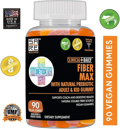 CLINICAL DAILY Fiber Max, Vegan High Fiber Gummies for Adults & Kids. Constipation Relief for Adults and Kids. Prebiotic Inulin Fiber Supplement Gummies. 90 Gluten-Free Laxative Gummies for Gut Repair