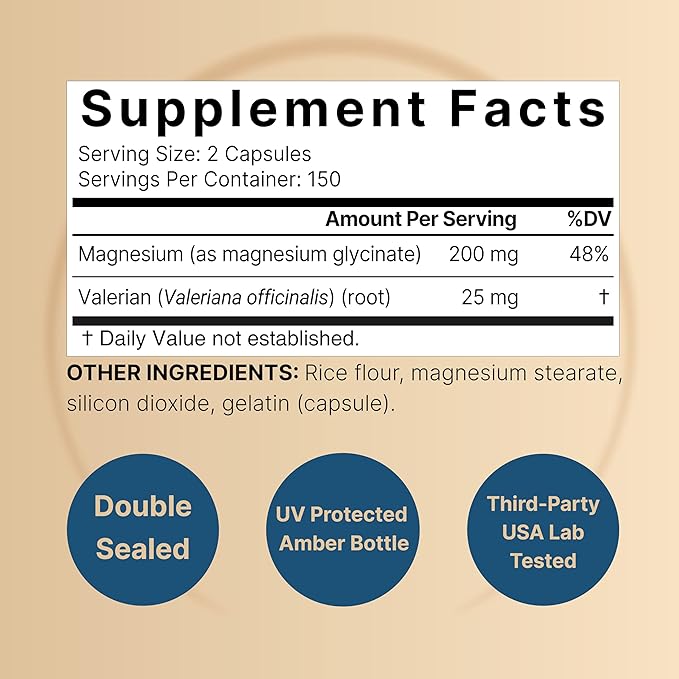 Pure Magnesium Glycinate for Sleep, 200mg with Valerian Root, 300 Capsules | 100% Chelated & Purified Mineral Supplement – Ultra High Absorption – Non-GMO, Gluten Free