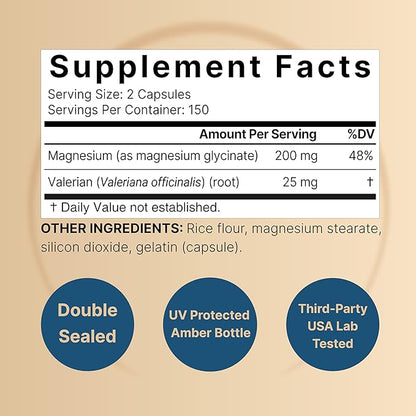 Pure Magnesium Glycinate for Sleep, 200mg with Valerian Root, 300 Capsules | 100% Chelated & Purified Mineral Supplement – Ultra High Absorption – Non-GMO, Gluten Free