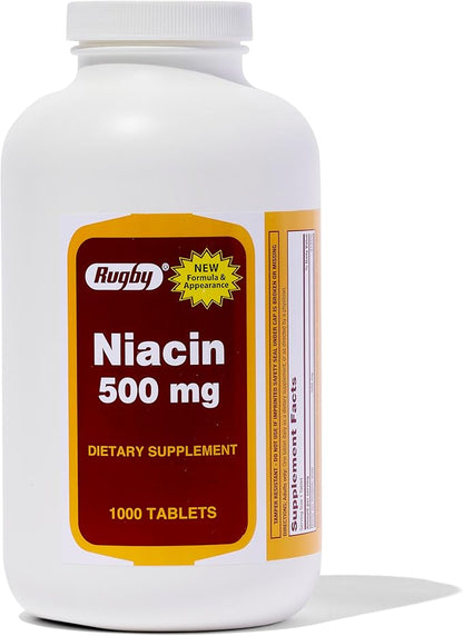 Rugby Niacin 500mg - Vitamin B3 Supplement for Men and Women - 1,000 Tablets