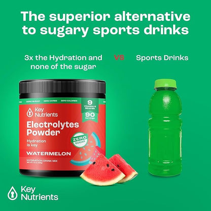 KEY NUTRIENTS Multivitamin Electrolytes Powder No Sugar - Refreshing Watermelon Electrolyte Powder - Endurance & Energy Supplement - Hydration Powder - No Calories - 90 Servings - Made in USA