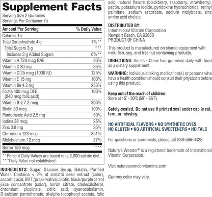 Nature's Wonder Men's Multivitamin Gummies, Supports Immune Health, Energy, Metabolism and Muscles with Vitamins A,C,D,B6,B12, 75 Day Supply, 150 Count