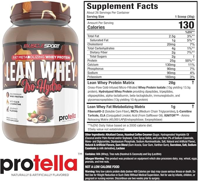 Musclesport Lean Whey Revolution™ Protein Powder - Whey Protein Isolate - Low Calorie, Low Carb, Low Fat, Incredible Flavors - 25g Protein per Scoop - 2lb Protella