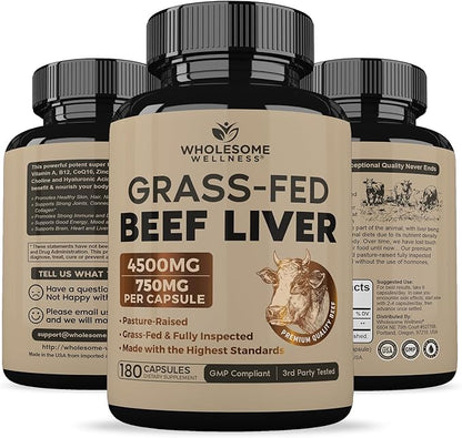 Grass Fed Desiccated Beef Liver Capsules (180 Pills, 750mg Each) - Natural Iron, Vitamin A, B12 for Energy - Humanely Pasture Raised Undefatted in New Zealand Without Hormones or Chemicals