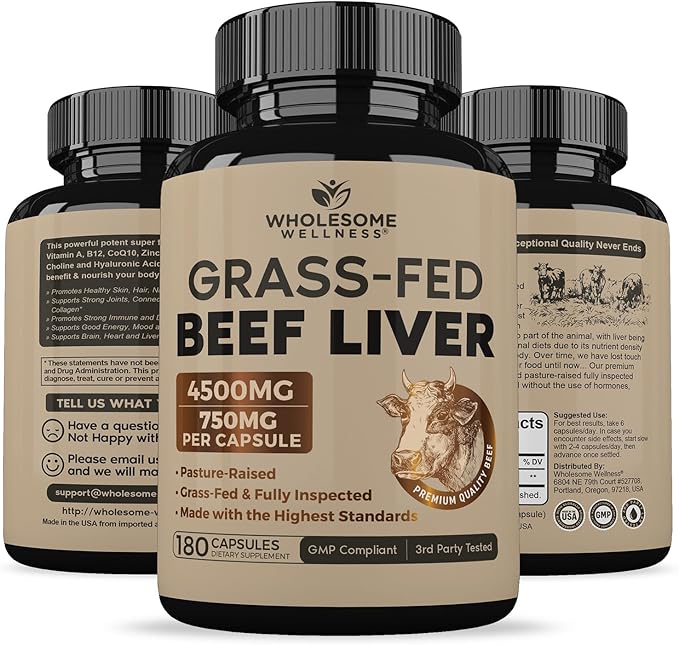 Grass Fed Desiccated Beef Liver Capsules (180 Pills, 750mg Each) - Natural Iron, Vitamin A, B12 for Energy - Humanely Pasture Raised Undefatted in New Zealand Without Hormones or Chemicals