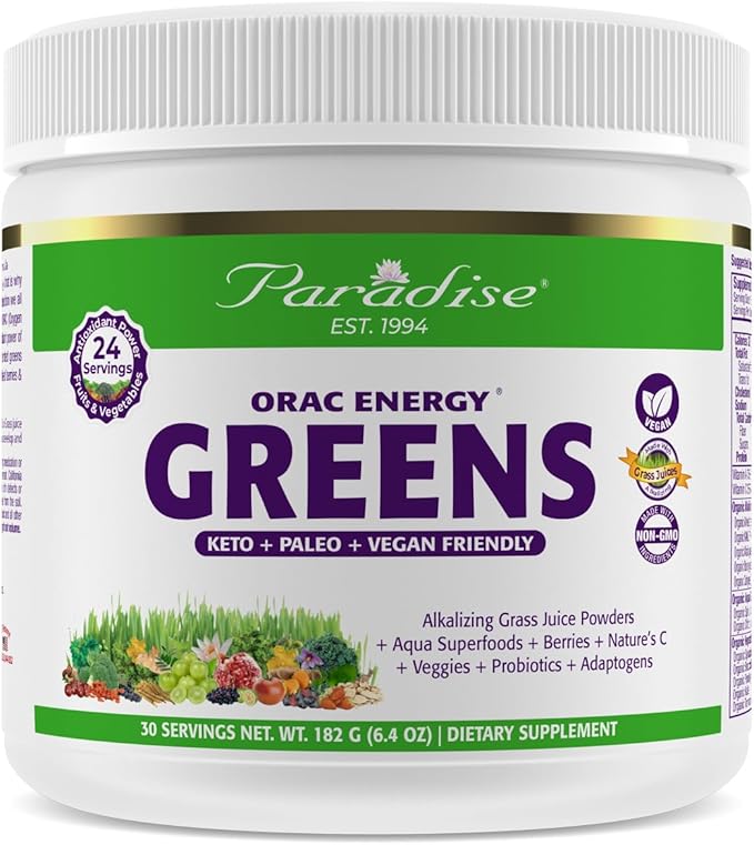 Paradise, ORAC Energy Greens Powder Extract, Super Antioxidants, Probiotics for Gut Health & Digestion, Vitamin C for Immunity, with Spirulina & Chlorella, Non-GMO, Gluten Free, 30 Servings
