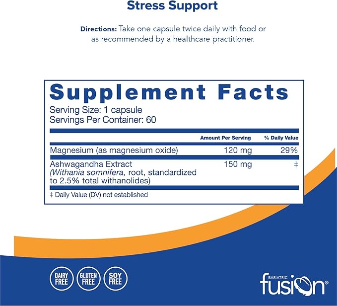 Bariatric Fusion Stress Support* | Vegan Supplement with Magnesium and Ashwagandha | Daily Vitamin for Women and Men | Gluten, Dairy and Soy Free | Non-GMO | 60 Capsules