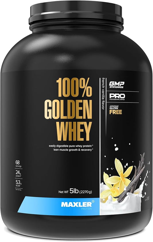 Maxler 100% Golden Whey Protein - 24g of Premium Whey Protein Powder per Serving - Pre, Post & Intra Workout - Fast-Absorbing Whey Hydrolysate, Isolate & Concentrate Blend - French Vanilla 5 lbs
