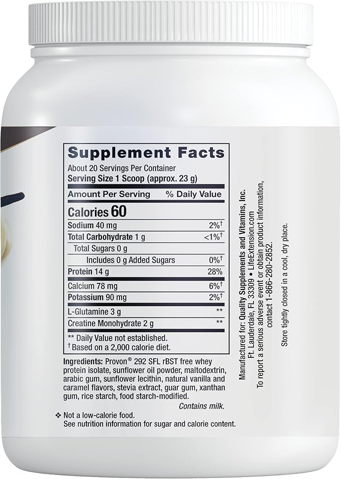 Life Extension Wellness Code® Advanced Whey Protein Isolate (Vanilla), creatine, glutamine, Mix for Muscle Growth & Immune Health, no Sugar Added, Gluten Free, Non-GMO, 454 Grams, 20 Servings