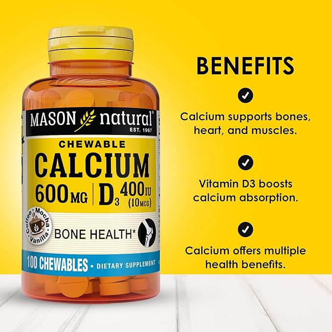 MASON NATURAL Calcium 600 mg with Vitamin D3 - Supports Healthy Bones, Strengthens Muscle Function, Coffee Mocha Flavor, 100 Chewables (Pack of 3)