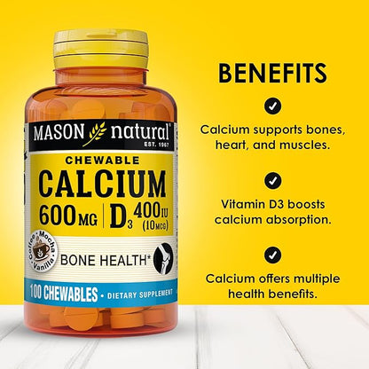 MASON NATURAL Calcium 600 mg with Vitamin D3 - Supports Healthy Bones, Strengthens Muscle Function, Coffee Mocha Flavor, 100 Chewables (Pack of 3)