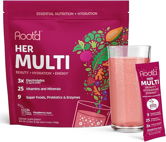 Root'd Multivitamin Powder with 3X Electrolytes for Women - 25 Vitamins & Minerals, 3X Electrolytes, 9 Organic Superfoods, Probiotics & Enzymes, Sugar-Free Multivitamin & Hydration | 24 Packets