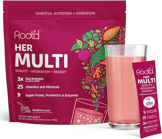 Root'd Multivitamin Powder with 3X Electrolytes for Women - 25 Vitamins & Minerals, 3X Electrolytes, 9 Organic Superfoods, Probiotics & Enzymes, Sugar-Free Multivitamin & Hydration | 24 Packets