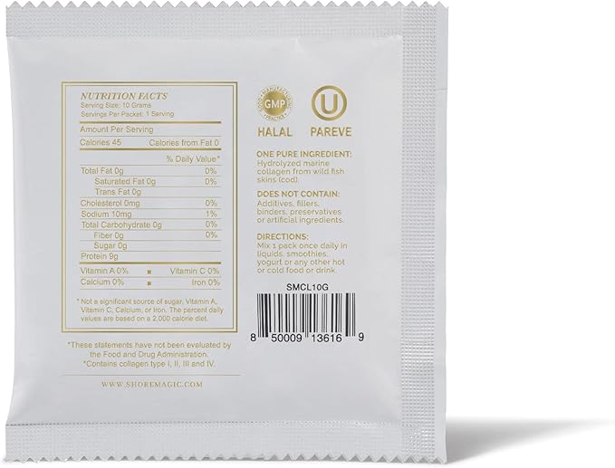 Premium Marine Collagen Powder with Type I II III and IV Hydrolyzed Peptides for Women Men, Sourced from Wild Fish Certified Kosher Unflavored - 28 Stir & Go Sachets, 10g Each