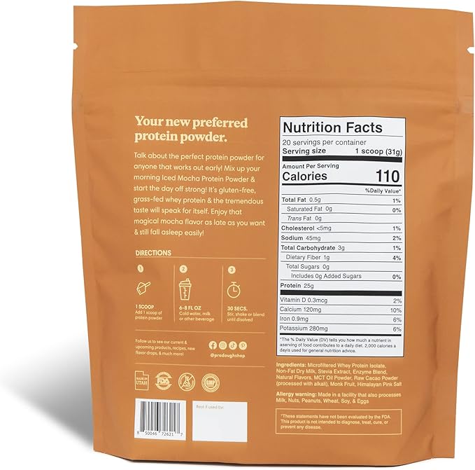 ProDough Gourmet Whey Isolate Hydrolized Protein Powder for Shake Mix- Easy Digest Enzyme Blend, 25g Protein per Serving, Natural Ingredients, Gluten Free, Keto Friendly (Iced Mocha)
