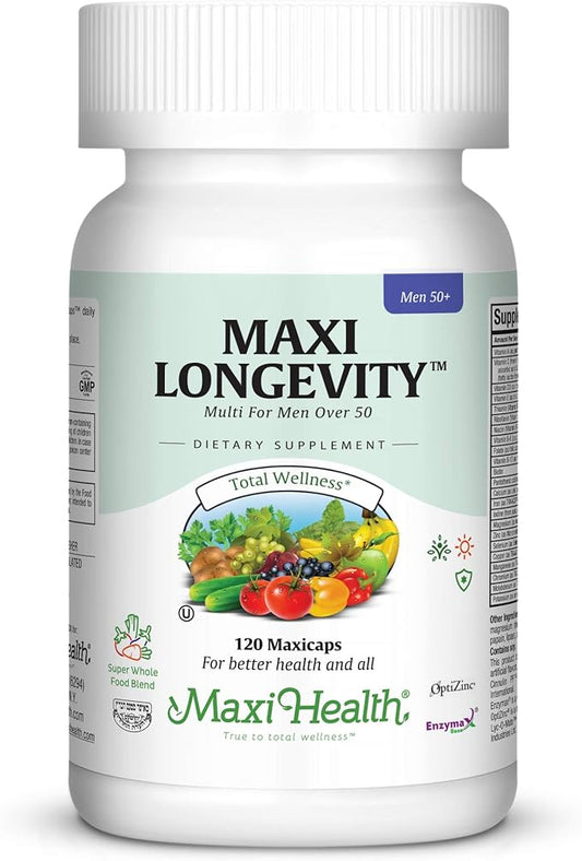Maxi Health Longevity - Multivitamins & Minerals Supplement for Men Over 50 120 Capsules - Kosher