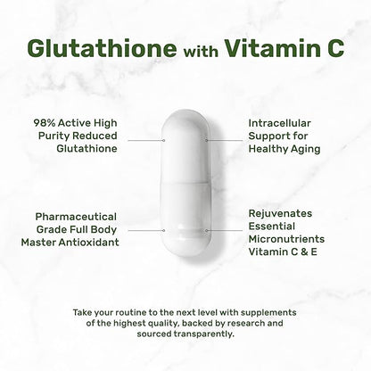 Glutathione Supplement 1,000mg Per Serving, 98% Purity | Plus Vitamin C 500mg, Active Reduced Form (GSH) | Intracellular Antioxidant – Supports Detoxification & Immune Health