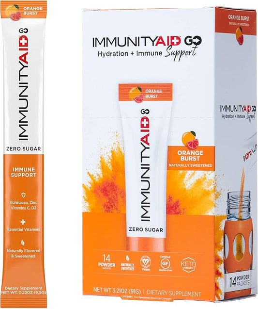 LIFEAID IMMUNITYAID GO! Zero Sugar Immunity + Hydration Packet, Vitamin C, Echinacea, Zinc, Astragalus Root, Keto-friendly, Vegan & Gluten-Free, 5 calories, Naturally Sweetened, No Caffeine, 14 Pack