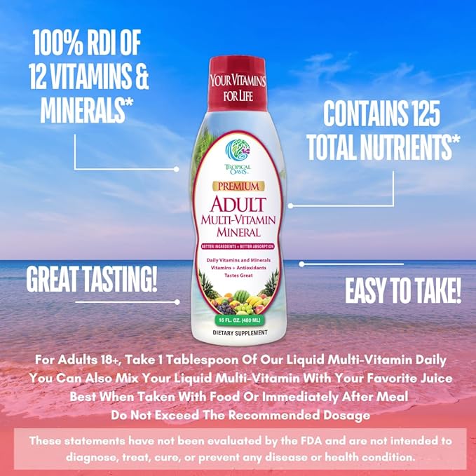 Tropical Oasis Adult Liquid Multivitamin -Liquid Multi-Vitamin and Mineral Supplement with 125 Total Nutrients Including; 85 Vitamins & Minerals, 23 Amino Acids, and 18 Herbs - 16 fl oz, 32 serv
