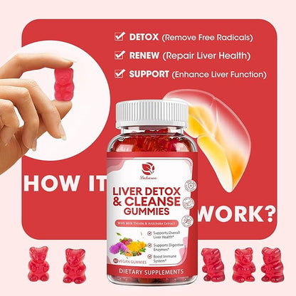 Liver Cleanse Detox & Repair Gummies - 24 Potent Herb w/3000MG Milk Thistle Silymarin, Dandelion, Artichoke Extract & Elderberry - No Sugar, Raspberry Flavor - 180 Count