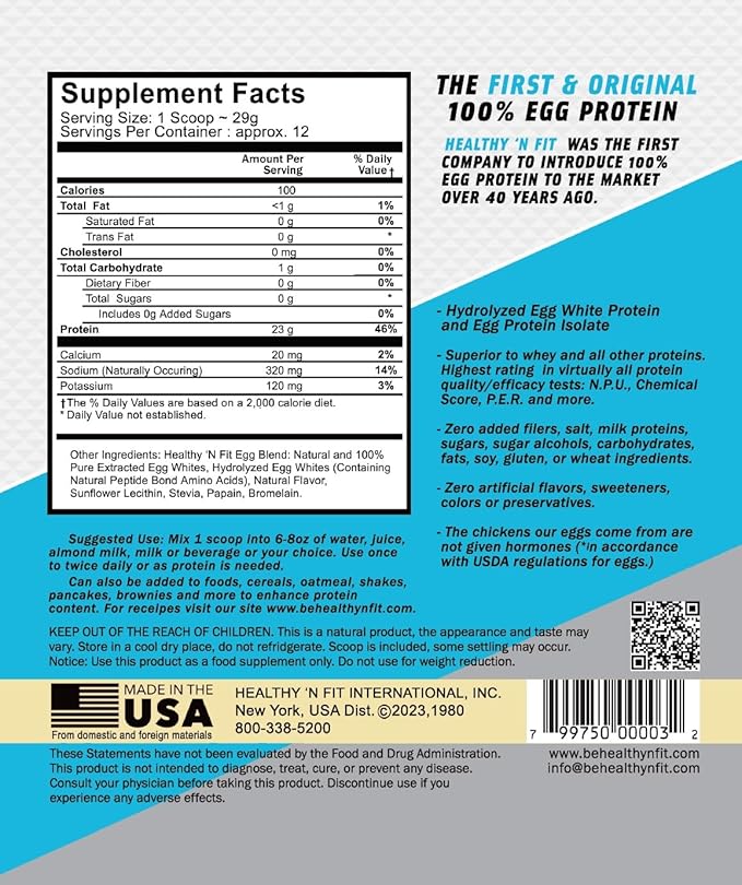 Healthy N Fit 100% EGG PROTEIN- Vanilla (12oz): 100% Egg White Protein PLUS Natural Peptides. Naturally Sweetened, Zero Carb, Keto, Paleo Friendly