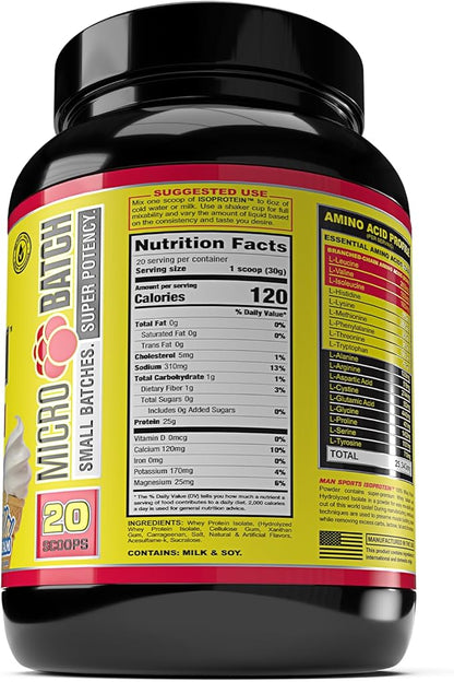 Man Sports ISO-Protein Hydrolyzed 100% Pure Whey Protein Isolate Powder, Vanilla Ice Cream, 1.32 Pounds (20 Days Supply)