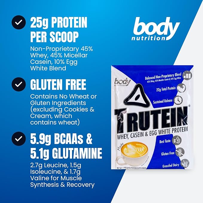 Body Nutrition Trutein High Protein Powder: 45% Whey, 45% Casein, 10% Egg White, Gluten-Free, Low Sodium, Grass Fed Whey Protein Powder, Gym Supplement & Breakfast Shake, Mocha, 34g Sample