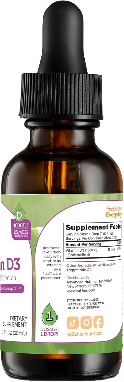 Zahler Liquid Vitamin D3 1000 IU - Liquid Vitamin D Drops, Adult Supplement for Women & Men - Vitamin D3 Liquid Drops for Adults, Vegetarian Kosher Non-GMO Gluten Free Vitamin D3 Drops (1 fl oz)