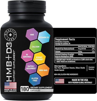 HMB Supplements with Vitamin D3 - 1,000mg Calcium Beta-Hydroxy Beta-Methylbutyrate per Serving for Muscle Growth, Strength & Recovery - 180 Gluten-Free, Non-GMO HMB Capsules, 3-Month Supply
