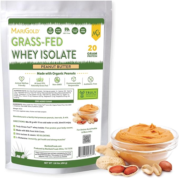 MariGold Grass-fed Whey Protein Isolate Powder - Peanut Butter Flavor - 1 Lb Bag | 100% Pure, Cold-Processed, Micro-Filtered, Undenatured, Non-GMO, rBGH Free, Soy Free, Gluten Free, Lactose Free