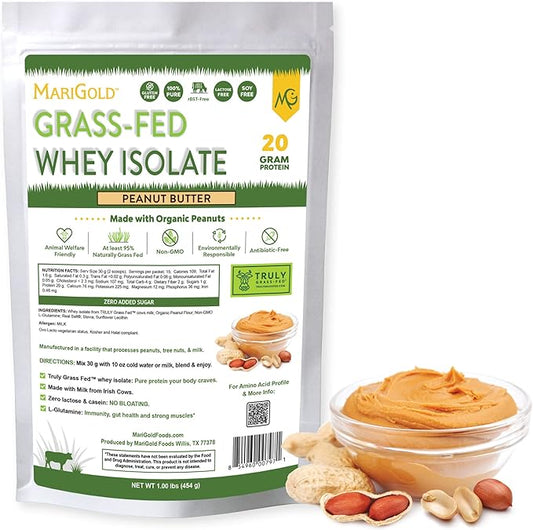 MariGold Grass-fed Whey Protein Isolate Powder - Peanut Butter Flavor - 1 Lb Bag | 100% Pure, Cold-Processed, Micro-Filtered, Undenatured, Non-GMO, rBGH Free, Soy Free, Gluten Free, Lactose Free