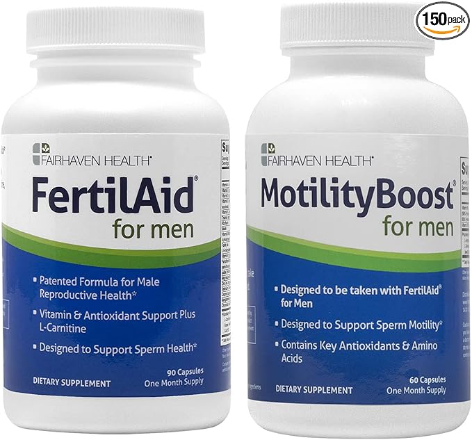FertilAid for Men and MotilityBoost Combo, Prenatal Vitamins and Male Fertility Supplement to Support Count and Motility with L-Carnitine, CoQ10, Zinc and More, 150 Capsules, 1 Month Supply