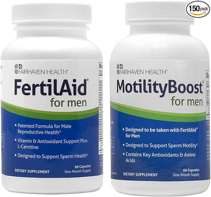 FertilAid for Men and MotilityBoost Combo, Prenatal Vitamins and Male Fertility Supplement to Support Count and Motility with L-Carnitine, CoQ10, Zinc and More, 150 Capsules, 1 Month Supply