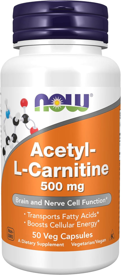 NOW Foods Supplements, Acetyl-L Carnitine 500 mg, Amino Acid, Brain And Nerve Cell Function*, 50 Veg Capsules